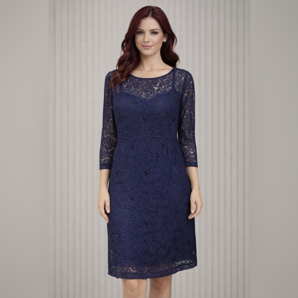 Trina Turk Dress Navy Blue 8 Slip & Cotton Linen Lace Shift Career Church
